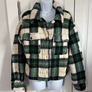 No Boundaries Green and Cream Plaid Teddy Jacket